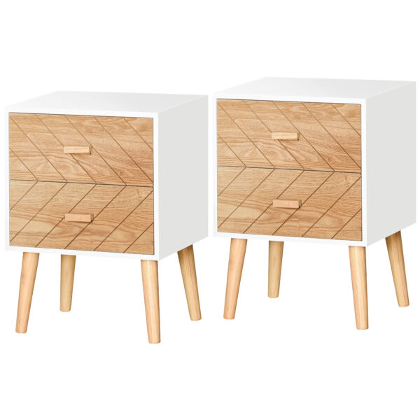 HOMCOM Wooden Bedside Table Set: 2 Nightstands with Drawers & Pine Legs, Natural Wood Storage Aosom UK