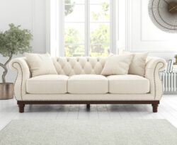 Harrow Chesterfield Ivory Linen Fabric 3 Seater Sofa