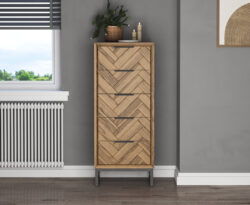 Herringbone Solid Oak 5 Drawer Tallboy Chest