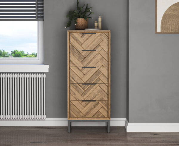 Herringbone Solid Oak 5 Drawer Tallboy Chest