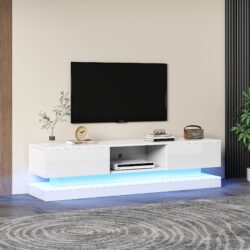 High Gloss TV Stand with Storage and 16-Colour LED Lights Fits 70-79 inch TVs, Modern TV Media Units for Living Room, 160x35x40.5 cm, White Aosom.UK