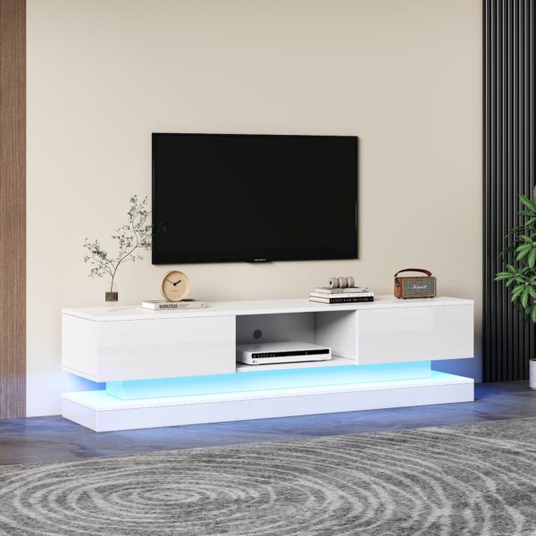 High Gloss TV Stand with Storage and 16-Colour LED Lights Fits 70-79 inch TVs, Modern TV Media Units for Living Room, 160x35x40.5 cm, White Aosom.UK