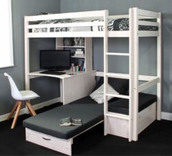 Hit - Kids High Sleeper Bed with Black Futon Bed - White - Wooden - Single - 3ft - Happy Beds