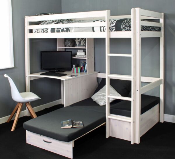 Hit - Kids High Sleeper Bed with Black Futon Bed - White - Wooden - Single - 3ft - Happy Beds