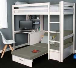 Hit - Kids High Sleeper Bed with Silver Futon Bed - White - Wooden - Single - 3ft - Happy Beds