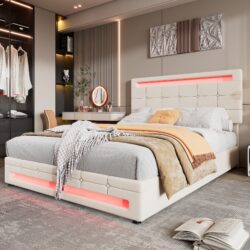 Hydraulic Lift Double Bed Frame with Storage, LED Light, Iron Frame, Upholstered Velvet Fabric Bed with Wood Slats, 199x150x123 cm, Beige Aosom.UK
