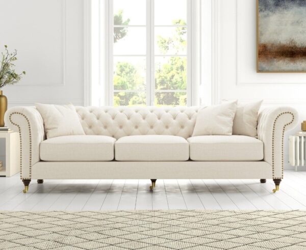 Kensington Chesterfield Ivory Linen 3 Seater Sofa