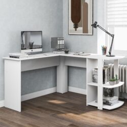 L-Shaped Corner Computer Desk Large Home Office or Game Desk with 2 Storage Shelves, PC Study Table, Easy Assembly, 140x140x75 cm, White Aosom UK