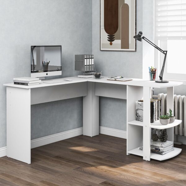 L-Shaped Corner Computer Desk Large Home Office or Game Desk with 2 Storage Shelves, PC Study Table, Easy Assembly, 140x140x75 cm, White Aosom UK