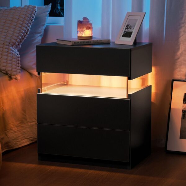 LED Bedside Table with Multi-Colour RGB Light, 3 Storage Drawers, Stylish Nightstand with Acrylic Board, 50L x 37.5W x 60H cm, Black Aosom.UK