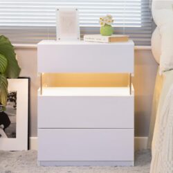 LED Bedside Table with Remote-Controlled RGB Lighting, 3 Drawers, Modern Nightstand with Acrylic Board, 50L x 37.5W x 60H cm, White Aosom.UK