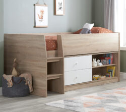 Leyton - Single - Kids Cabin Bed - Storage - White and Oak - Wooden - 3ft - Happy Beds