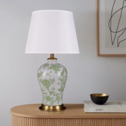 Lightsin Green Floral Ceramic Table Lamp with Copper Base and Fabric Shade