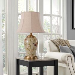 Lightsin Vintage Camellia Ceramic Table Lamp with Copper Base and Fabric Shade
