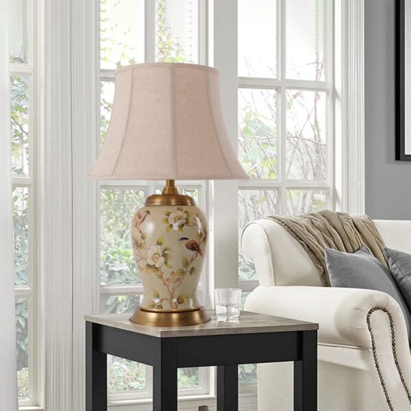 Lightsin Vintage Camellia Ceramic Table Lamp with Copper Base and Fabric Shade
