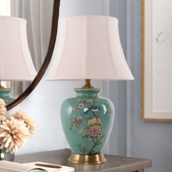 Lightsin Vintage Green Floral Ceramic Table Lamp with Fabric Shade