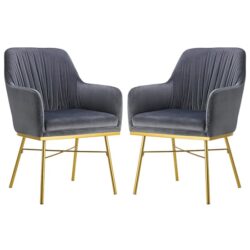 Mace Grey Velvet Dining Armchair With Gold Metal Legs In Pair