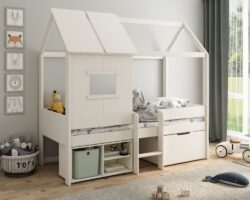 Mini - Euro Single - Playhouse Kids Bed with Underbed Shelving and Drawer- White - Wooden - 3ft - Happy Beds