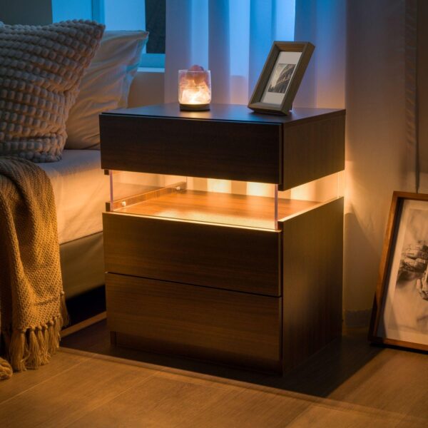 Modern Nightstand with Acrylic Board and 3 Slide Drawers, Bedside Table Cabinet with Multi-Colour LED Light, 50L x 37.5W x 60H cm, Walnut Aosom.UK
