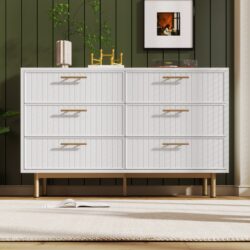 Modern Sideboard Storage Cabinet with 6-Drawer Chest, Adjustable Metal Leg and Decorative Handles, for Living Room, 120x40x75.5 cm, White Aosom UK