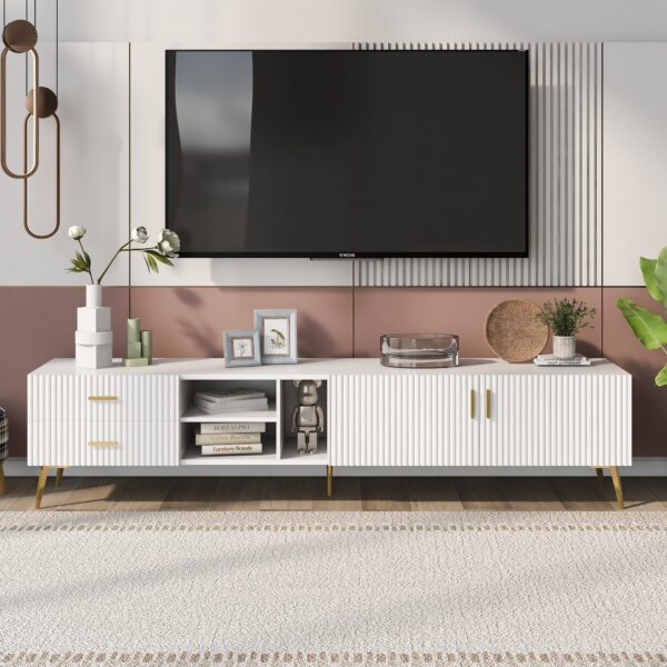 Modern TV Units with Storage for 75-Inch Televisions, MDF Construction, Metal Legs, Corner TV Stand for Living Room, 180x35x41 cm, White Aosom.UK