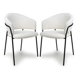 Monzo White Boucle Fabric Dining Chairs With Black Legs In Pair