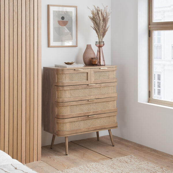 Noah - 5 Drawer Chest of Drawers - Oak - Rattan - Wooden