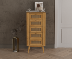 Oak Rattan 5 Drawer Tallboy Chest