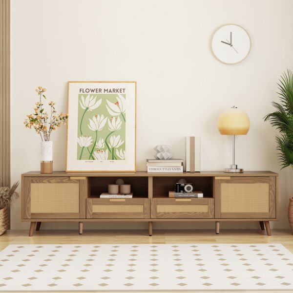 Oak Television Units with 4 Storage Cabinets and 2 Open Shelves, Wooden TV Units for Living Room, Bedroom, Office, 200x37x48.5 cm, Oak Aosom.UK