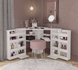 Olivia - Corner Dressing Table With Storage - White - Wooden - Happy Beds