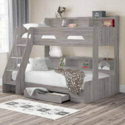 Orion - Kids Triple Sleeper Bed - Storage - Light Grey Oak - Wood - 3ft and 4ft - Happy Beds