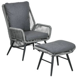 Outsunny 2 PCs PE Rattan Leisure Chair Set, Outdoor Reclining Patio Chair and Footrest w/ Adjustable Backrest & Cushion, Grey Aosom UK