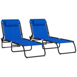Outsunny 2 Pcs Folding Sun Lounger Beach Chaise Chair Garden Cot Camping Recliner with 4 Position Adjustable Blue Aosom UK