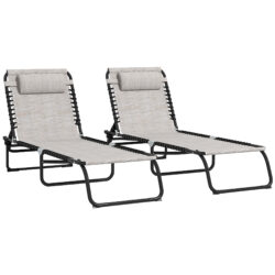 Outsunny 2 Piece Folding Sun Lounger Set, Beach Chaise Chair, 4 Position Adjustable, Garden Cot Camping Recliner, Cream White Aosom UK