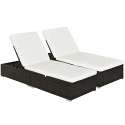 Outsunny 2 Pieces Outdoor PE Rattan Sun Loungers set of 2 w/ Cushion, Garden Wicker Sunbed Furniture w/ 5-Level Recliner Backrest, Brown Aosom UK