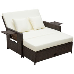Outsunny 2 Seater Assembled Garden Patio Outdoor Rattan Furniture Sofa Sun Lounger Daybed with Fire Retardant Sponge - Brown Aosom UK