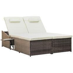 Outsunny 2 Seater Double Rattan Sun Lounger Recliner Day Bed Outdoor Wicker Weave Furniture Sofa w/ Fire Retardant Cushions - Cream