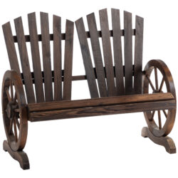Outsunny 2 Seater Garden Bench Comfortable Fir Logs Love Chair w/ Wheel-Shaped Armrests, Outdoor Adirondack Wooden Loveseats Aosom UK
