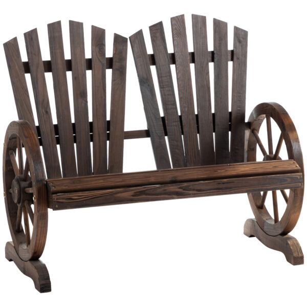 Outsunny 2 Seater Garden Bench Comfortable Fir Logs Love Chair w/ Wheel-Shaped Armrests, Outdoor Adirondack Wooden Loveseats Aosom UK