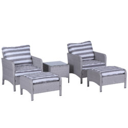 Outsunny 2 Seater PE Rattan Garden Furniture Set, 2 Armchairs 2 Stools Glass Top Table Cushions Wicker Weave Chairs Outdoor Seating - Grey Aosom UK