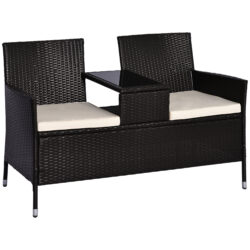 Outsunny 2 Seater Rattan Dining Chairs Wicker Loveseat Outdoor Patio Armchair with Drink Table Garden Furniture - Dark Brown Aosom UK