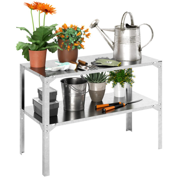 Outsunny 2 Tier Potting Bench Table, Galvanised Steel Garden Planting Work Bench with Shelf for Patio, Greenhouse, 110 x 50 x 75cm, Silver Tone