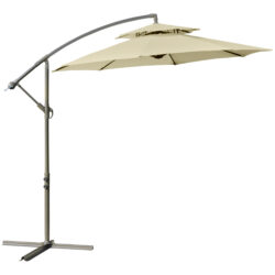 Outsunny 2.7m Garden Banana Parasol Cantilever Umbrella w/ Crank Handle, Double Tier Canopy, Cross Base, Hanging Sun Shade, Beige Aosom UK
