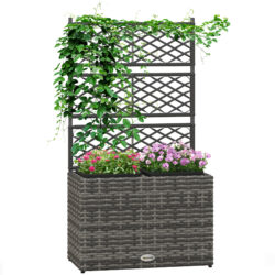 Outsunny 22L Garden PE Rattan Planter w/ Trellis, Free Standing Flower Raised Bed w/ 2 Plant Boxes for Climbing Plants, 57x30x107 cm, Mixed Grey