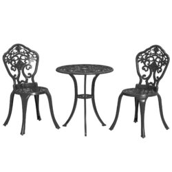 Outsunny 3 Piece Cast Aluminium Garden Bistro Set for 2 with Parasol Hole, Outdoor Coffee Table Set for Balcony, Patio, Black