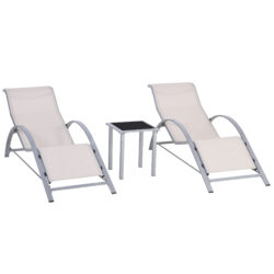 Outsunny 3-Piece Lounger Set: Metal-Framed Outdoor Recliners with Side Table, Cream, for Sunbathing Bliss Aosom UK