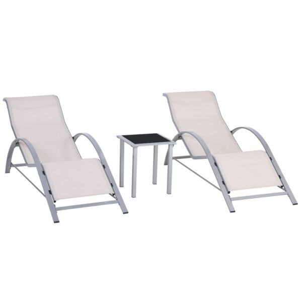 Outsunny 3-Piece Lounger Set: Metal-Framed Outdoor Recliners with Side Table, Cream, for Sunbathing Bliss Aosom UK