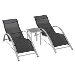 Outsunny 3 Pieces Lounge Chair Set Garden Outdoor Recliner Sunbathing Chair with Table, Black Aosom UK