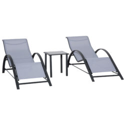 Outsunny 3 Pieces Lounge Chair Set Garden Outdoor Recliner Sunbathing Chair with Table, Light Grey Aosom UK