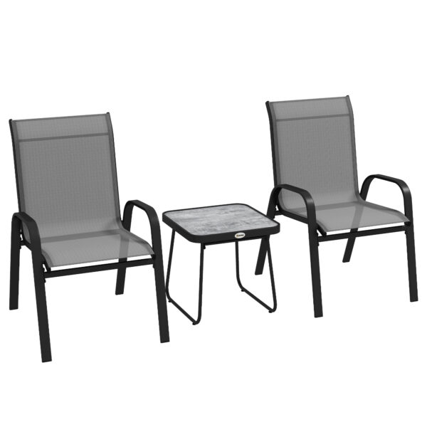 Outsunny 3 Pieces Outdoor Bistro Set, Patio Stackable Armchairs with Breathable Mesh Fabric and SPC Board Coffee Table, Light Grey